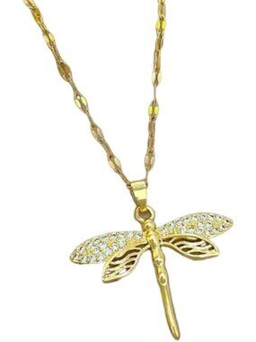 14k Yellow Gold Dragonfly Charm Necklace with Crystal Pendant for Women